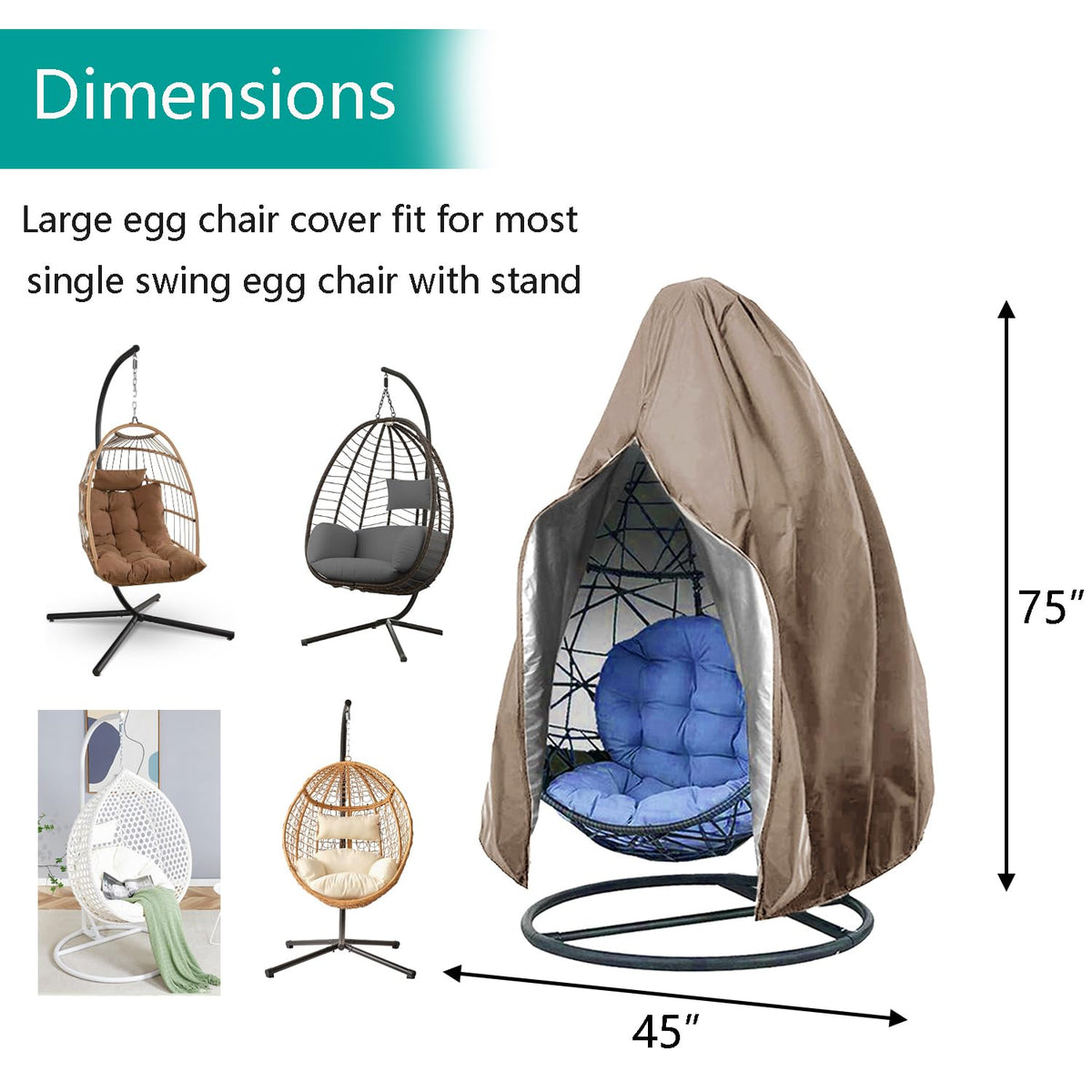 FLYMEI wicker egg swing chair cover in khaki guards against sun exposure.