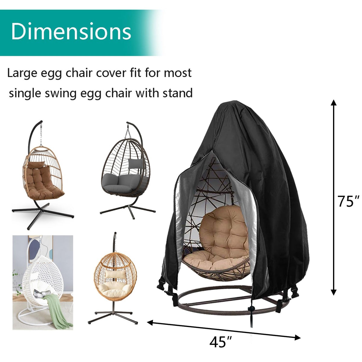 Flymei 75x45 inch egg chair cover with zipper for easy on/off.