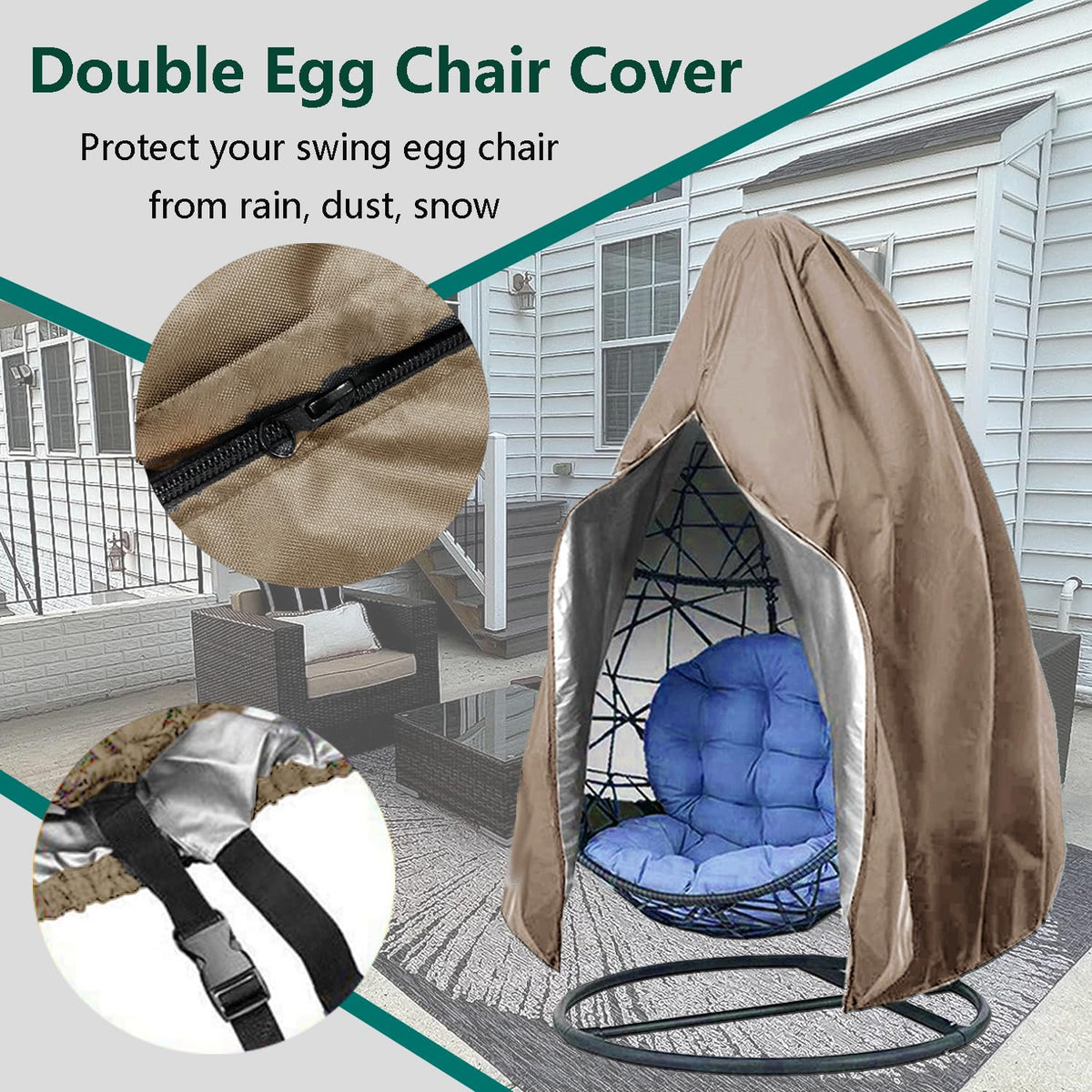 FLYMEI windproof hanging chair cover shows adjustable drawstring bottom for stability.
