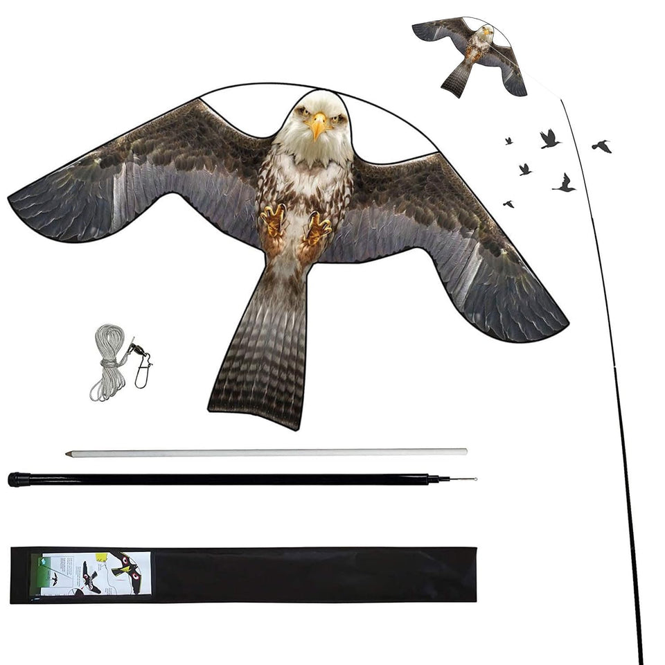 Flyonte Bird Hawk Kite with 4m Pole deters birds, protecting crops and gardens.