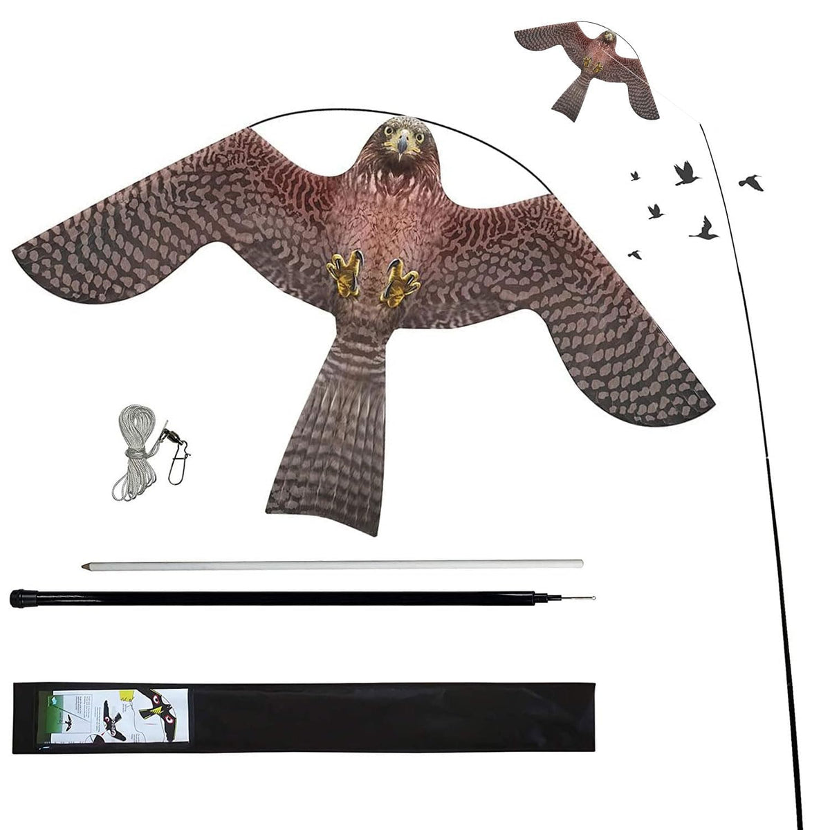 Flyonte Bird Hawk Flying Kite with 4m pole deters birds in gardens safely.