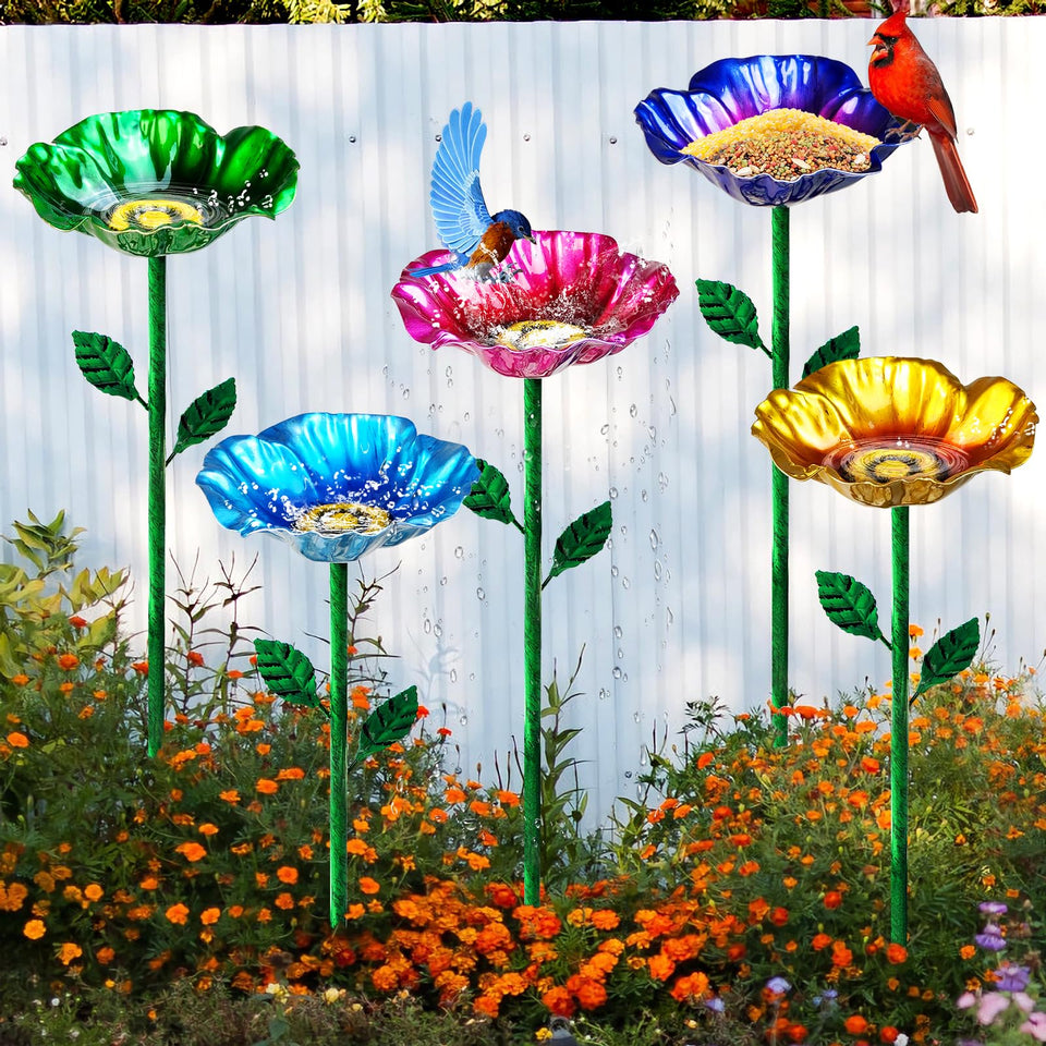 FLYVOLE metal bird bath on stake adds outdoor charm and invites birds to visit.