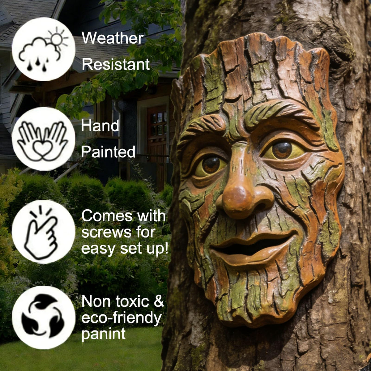 FmnyYaid tree face hanging decor enables easy tree mounting.