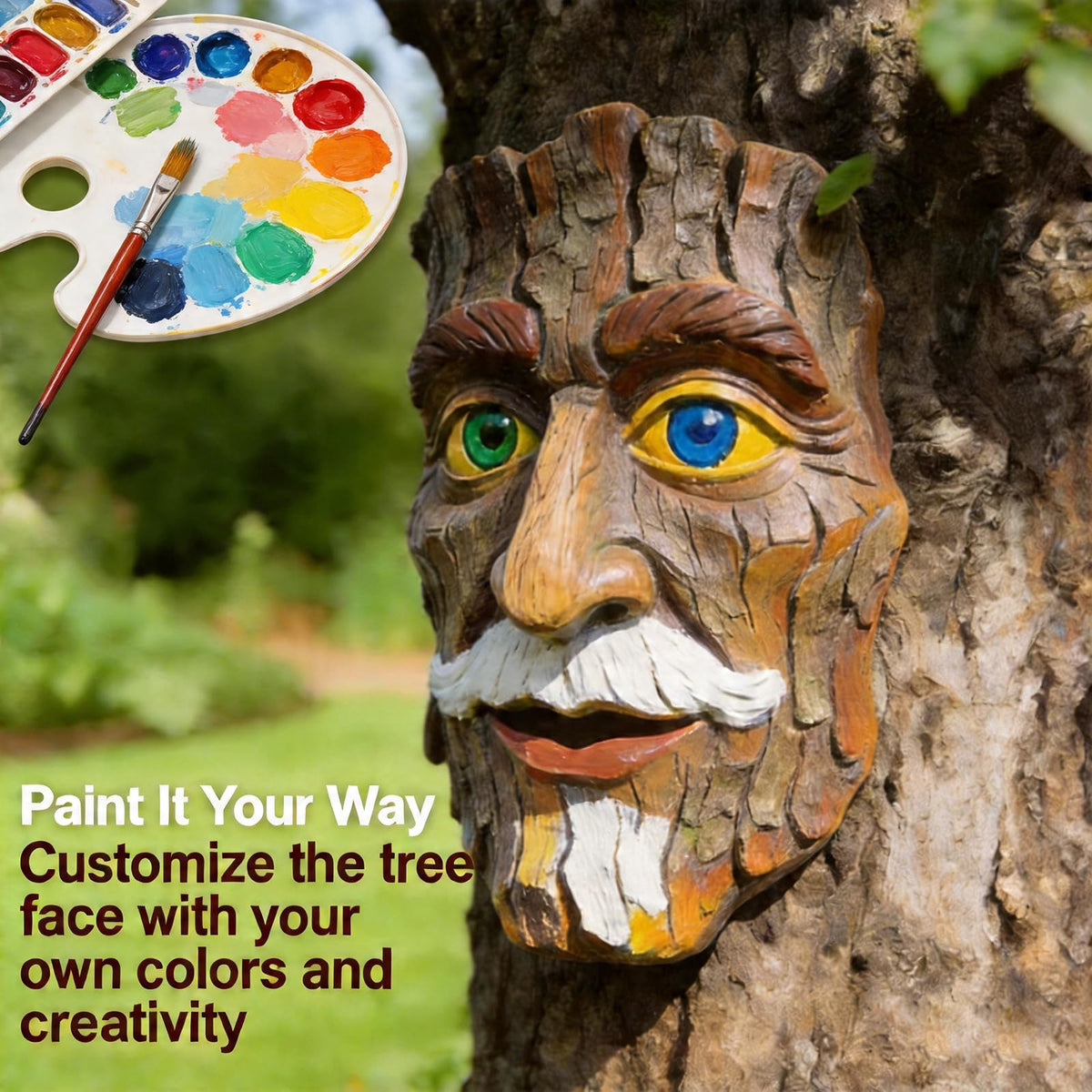 FmnyYaid tree face resin garden art withstands weather for year-round display.