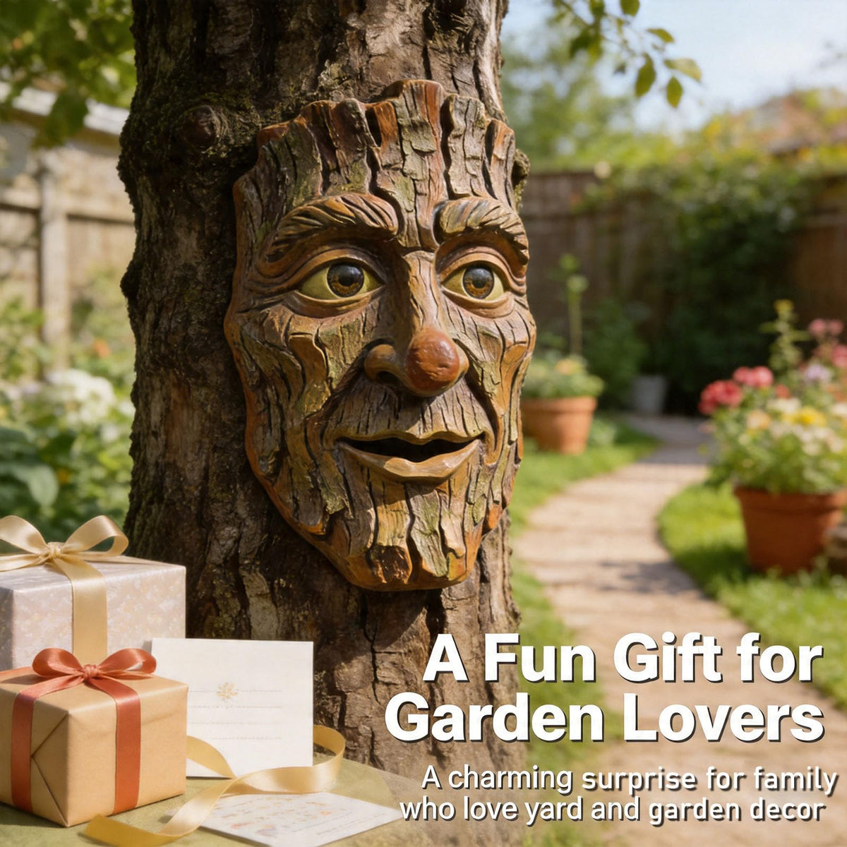 FmnyYaid yard art tree face ornament sparks conversation and delight.