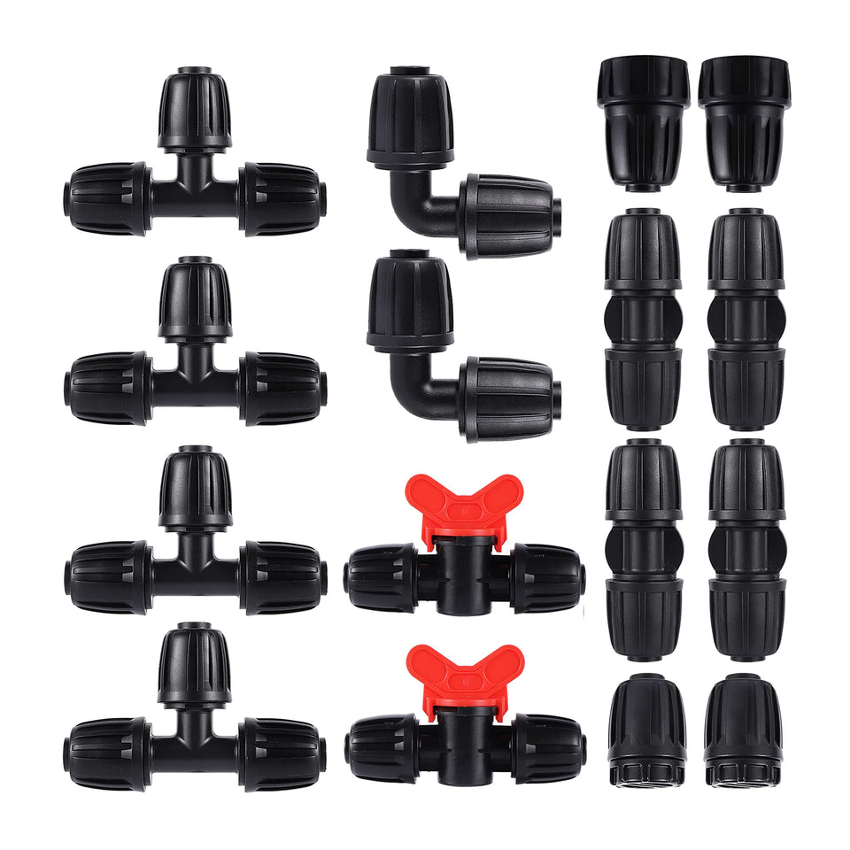 FOGWOWO 16pc fittings kit contents for quick irrigation setup.