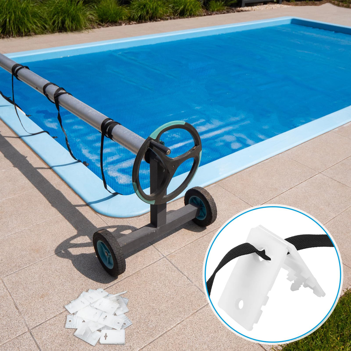 Foilswirl clips in-use on reel for reliable pool coverage