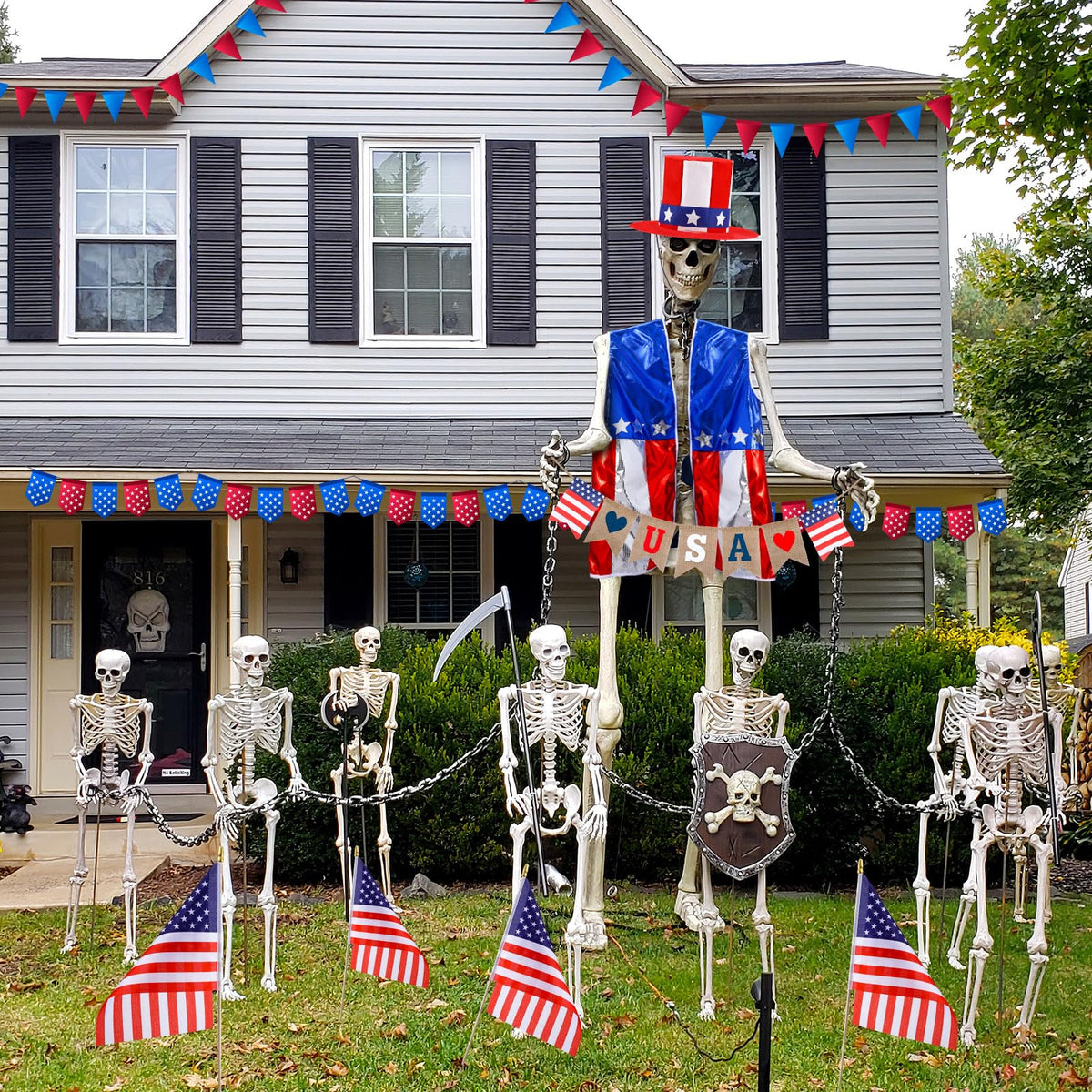 Foilswirl USA banner creates patriotic ambiance in lawn setups.