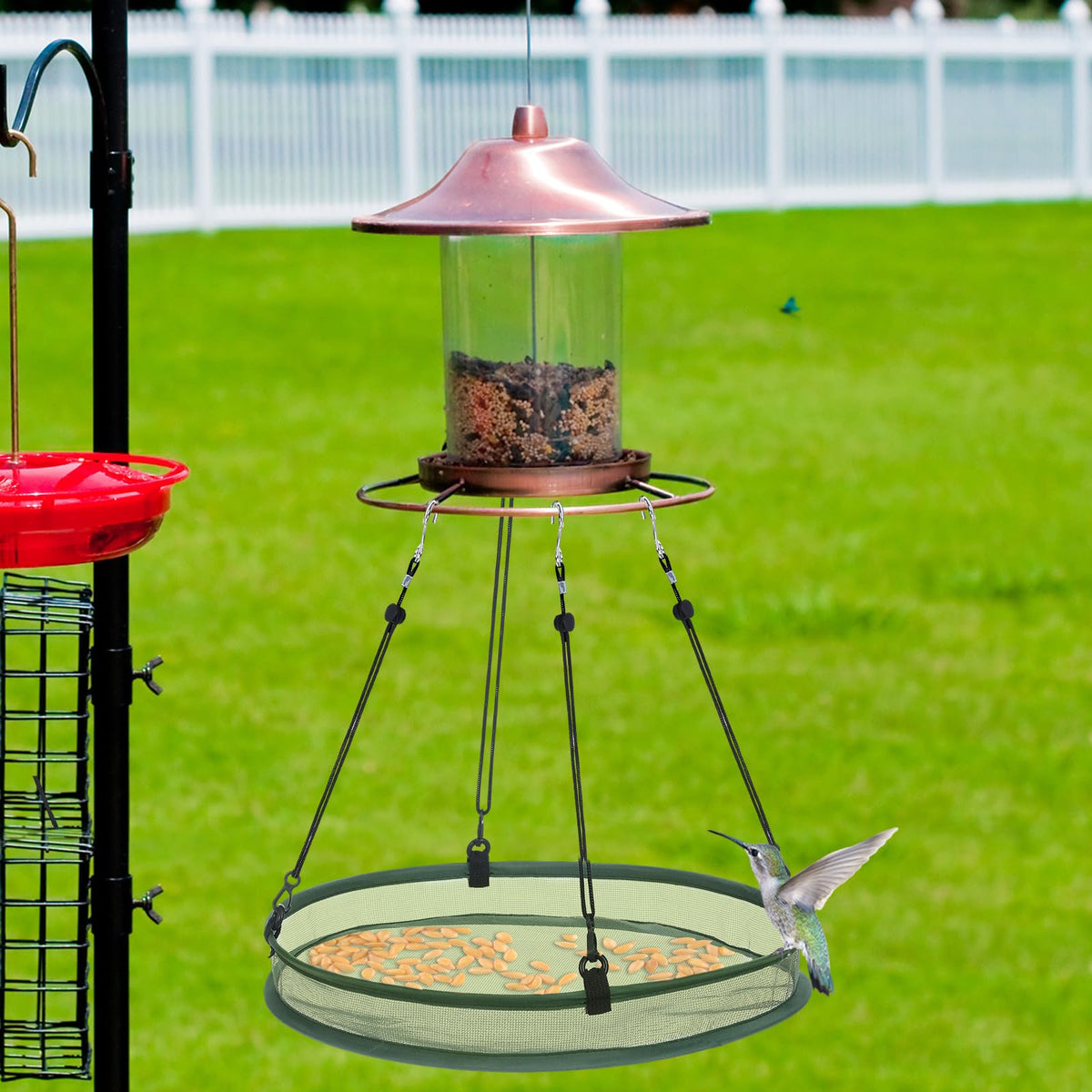 FoldTier seed catcher promotes communal feeding among visiting birds.