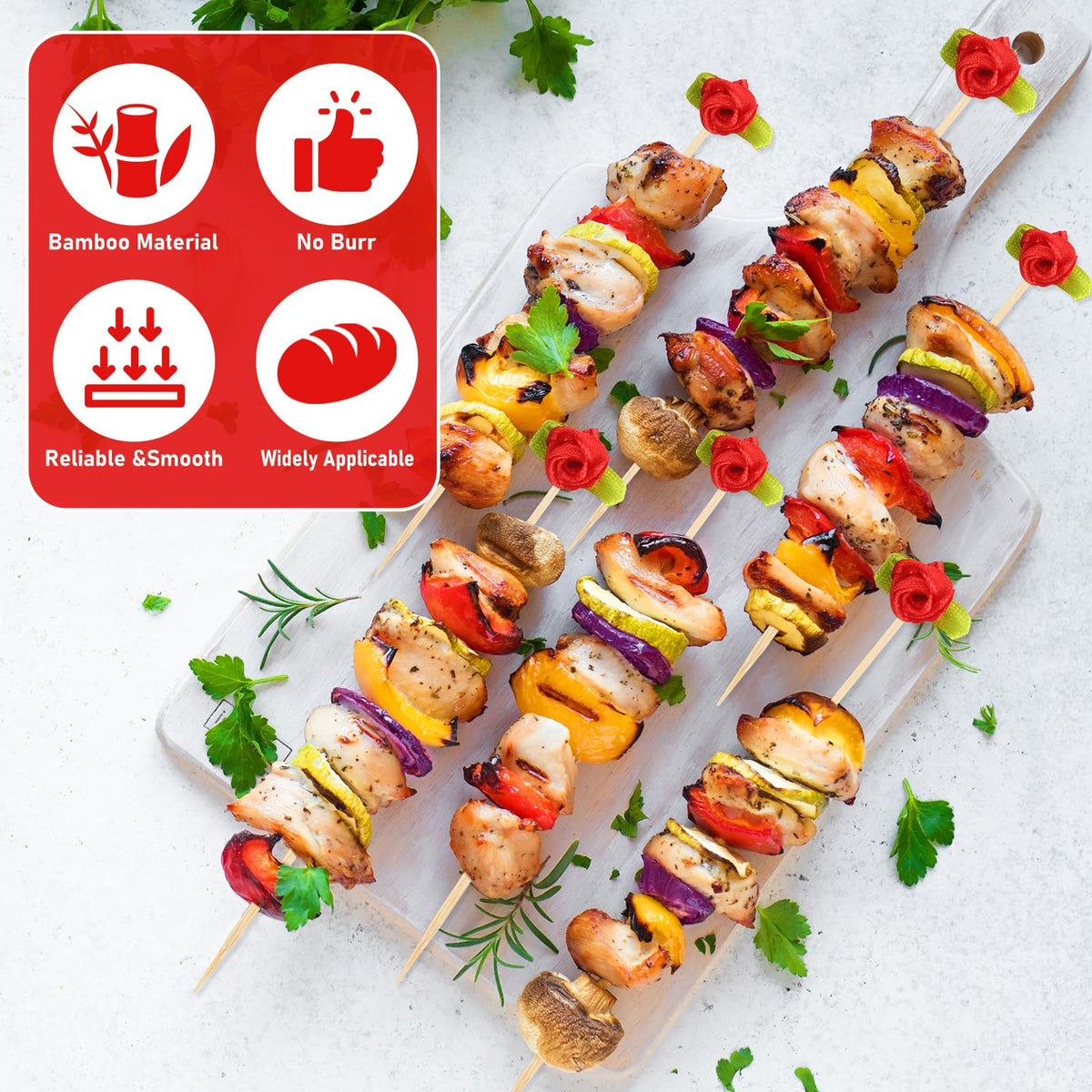 FoldTier long 8 inch skewers sturdy for heavier appetizers.