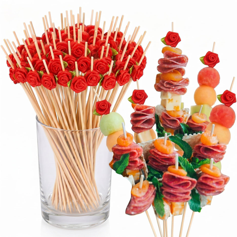 FoldTier red rose cocktail picks 8in for drinks and bites at parties.