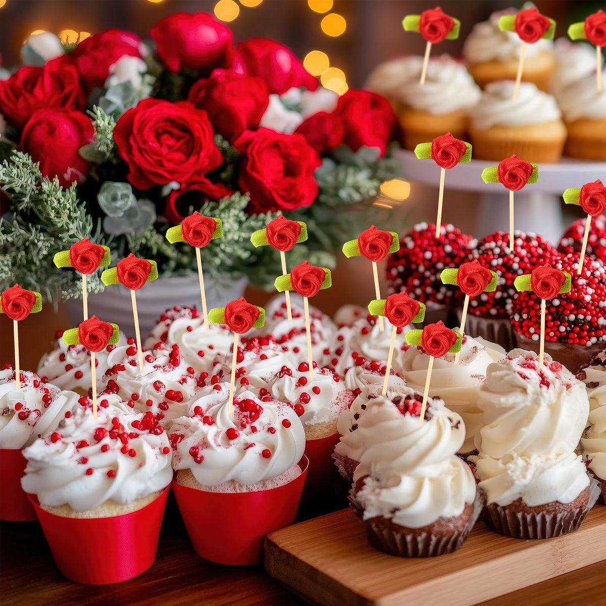 FoldTier red rose design skewers add elegant touch to platters.