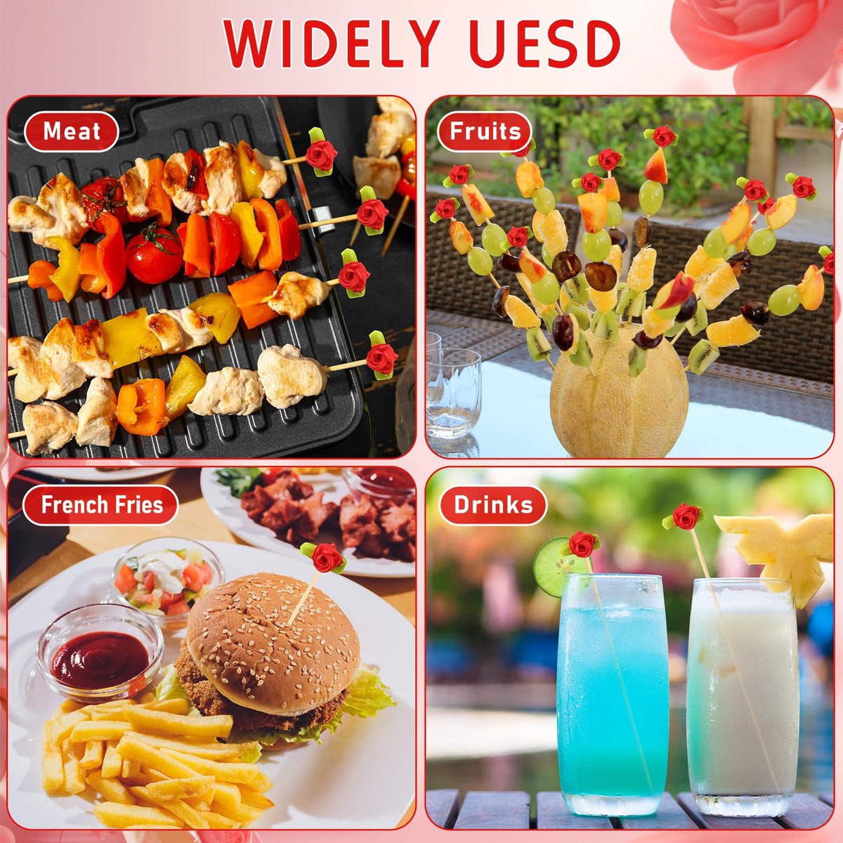FoldTier rose skewers great for weddings, Derby parties, and bridal showers.