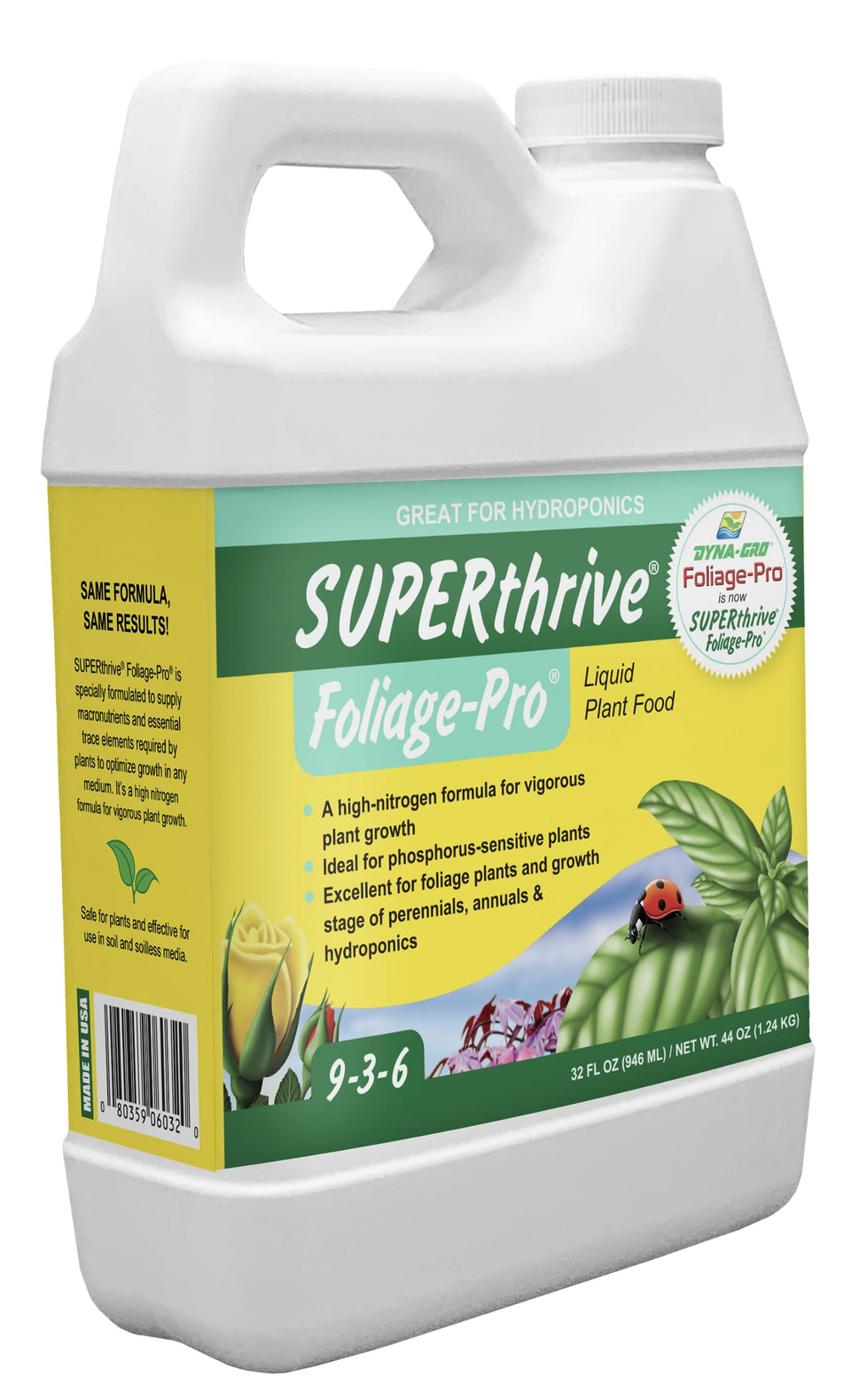 Foliage-Pro 32oz bottle pours fertilizer to nourish lush indoor plants.