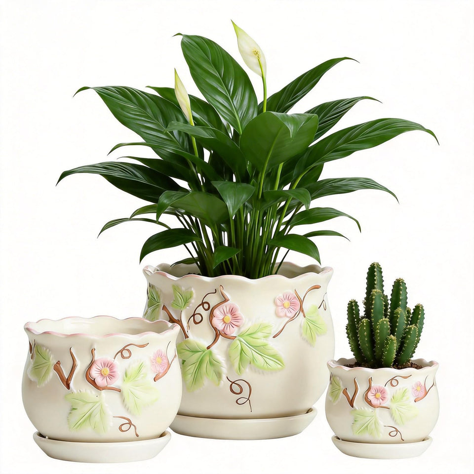 FOLKLORE13 vintage round ceramic pots with drainage holes and saucers for easy watering.