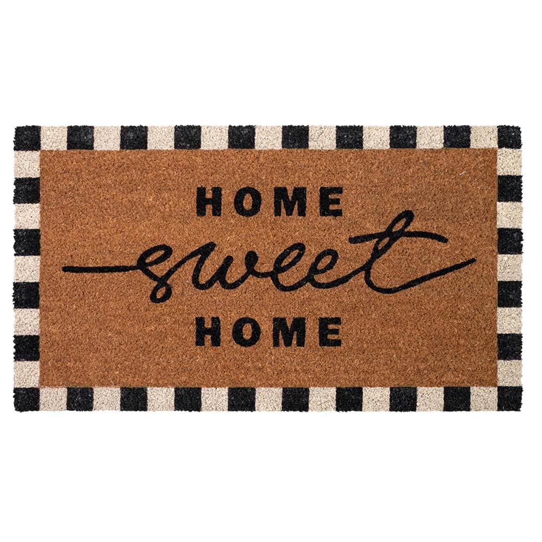 Folkulture Welcome Matt Outdoor front door mat in checkered coir design cleans shoes at entry.