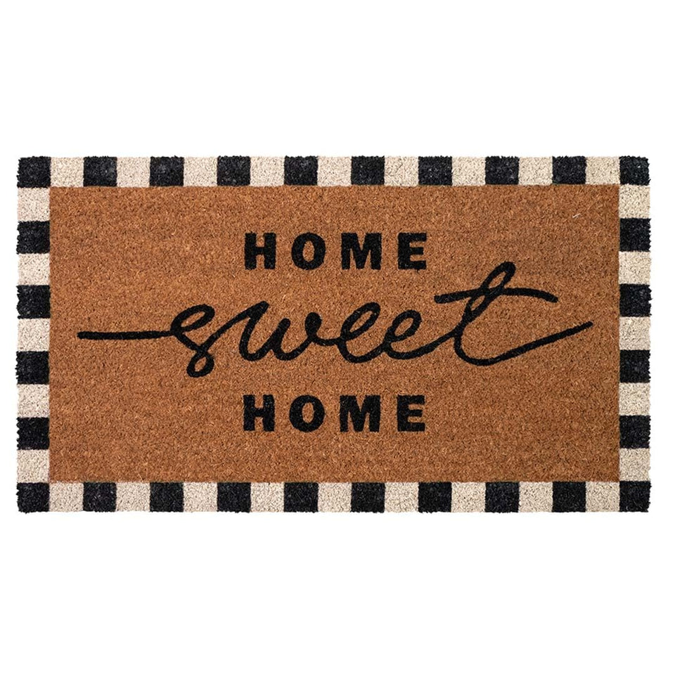 Folkulture Welcome Matt Outdoor front door mat in checkered coir design cleans shoes at entry.