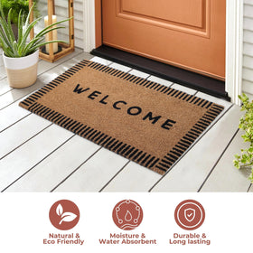 Folkulture Welcome Matt Outdoor entryway mat demonstrates moisture and dirt absorption for clean floors