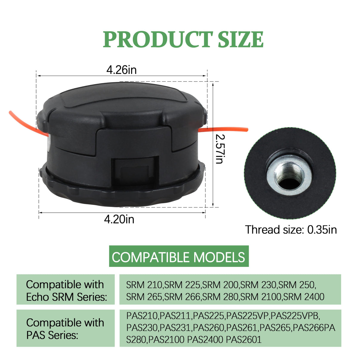 Follde SRM-225 Speed Feed 400 trimmer head mounting view highlights easy reverse-thread installation.