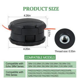 Follde SRM-225 Speed Feed 400 trimmer head mounting view highlights easy reverse-thread installation.