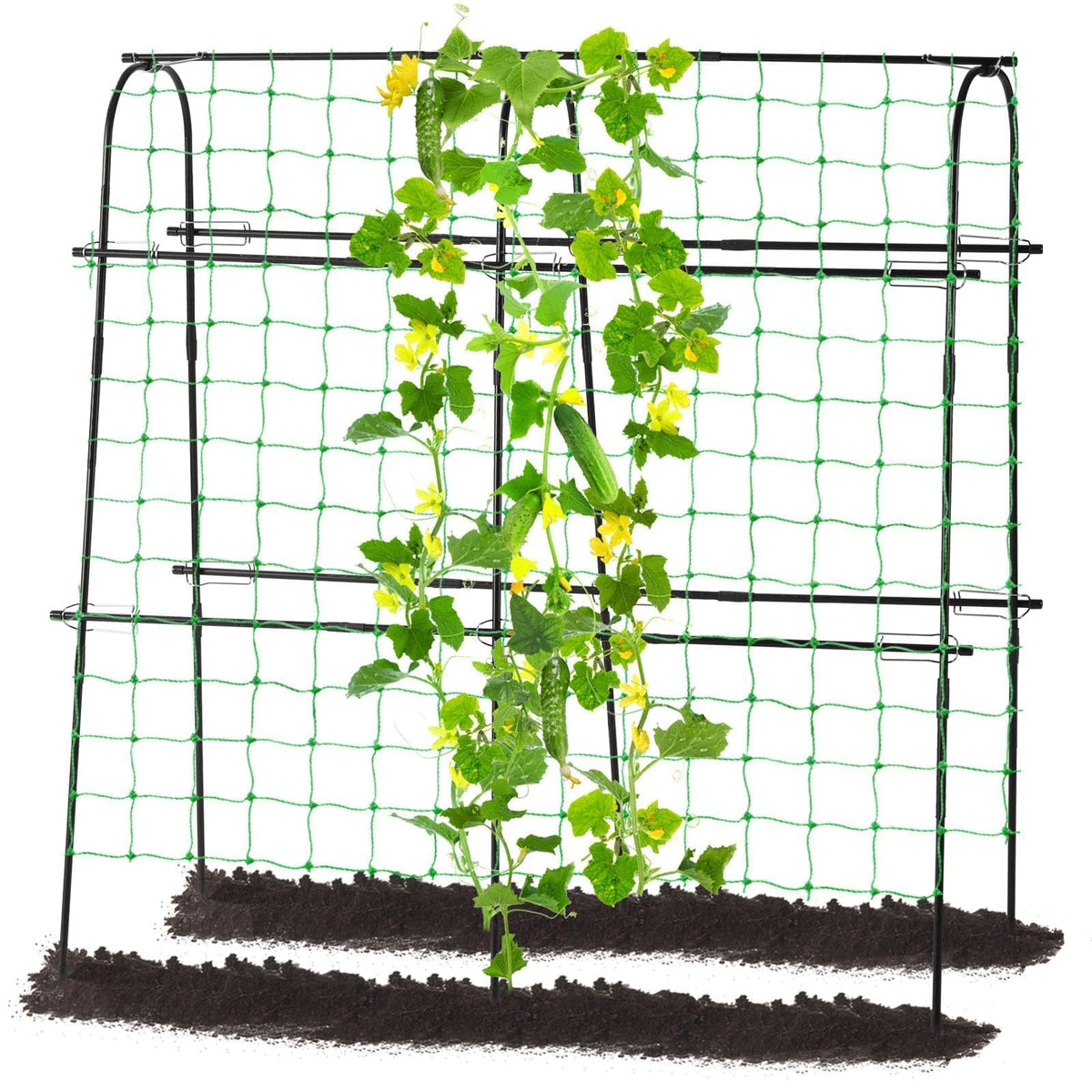 Follook cucumber trellis ready for quick assembly in a compact garden setup.