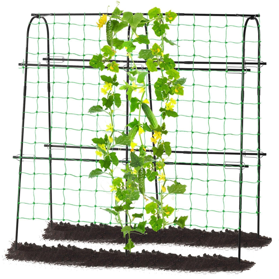 Follook cucumber trellis ready for quick assembly in a compact garden setup.