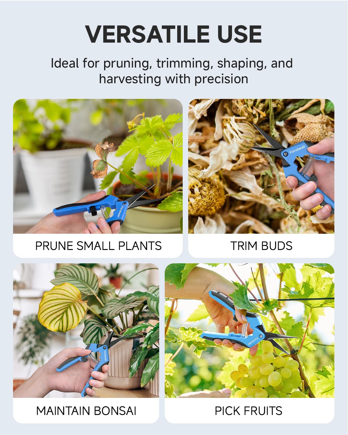 Fondwell pruning shears feature an ergonomic grip for comfortable pruning sessions.