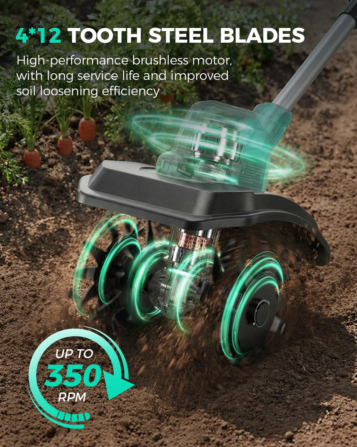 FONXLIT tiller with 7-inch depth loosens compacted soil along garden edges