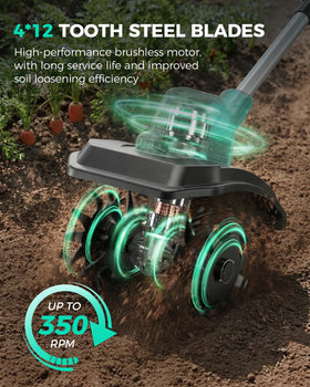 FONXLIT tiller with 7-inch depth loosens compacted soil along garden edges