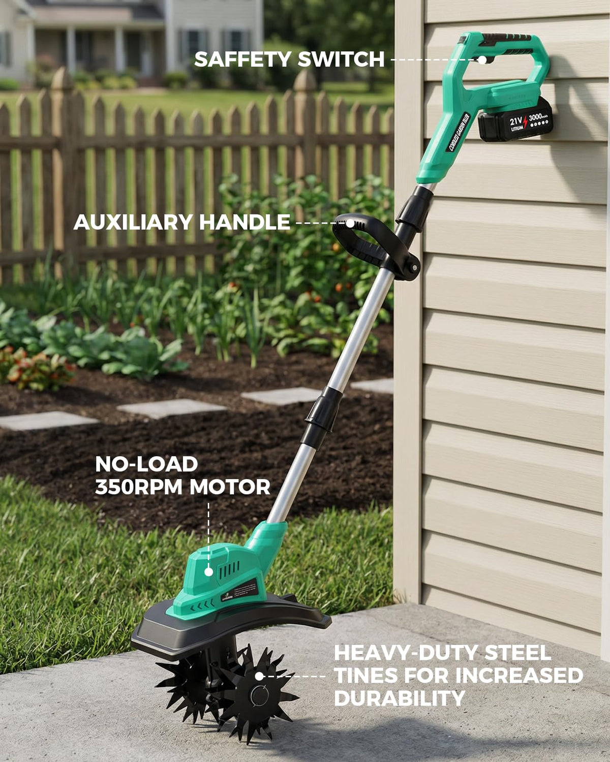 FONXLIT cordless tiller dual safety and adjustable handle ensure safer operation