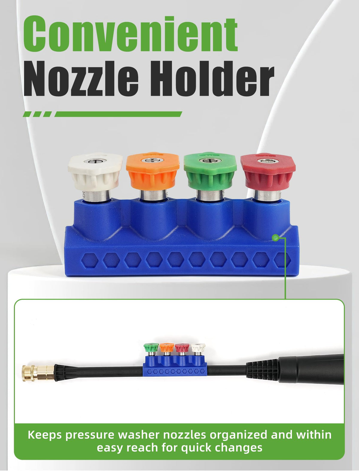 FOOCO nozzle holder keeps tips organized for faster cleaning.