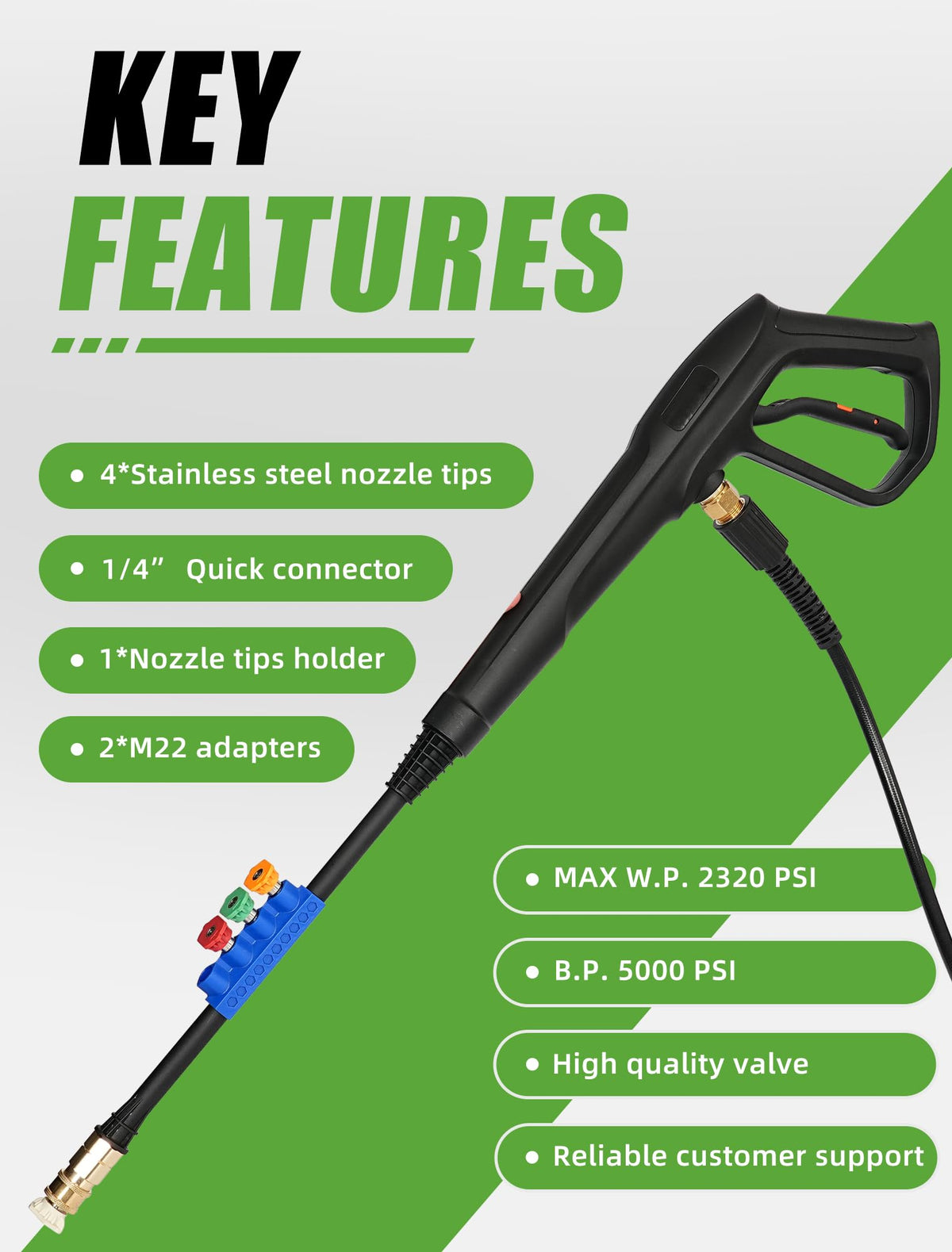 FOOCO nozzle tips four included offer durable high-pressure performance.