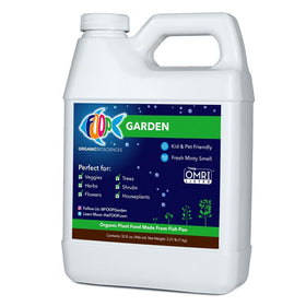 FOOP Garden bottle label visible with organic fish manure formula for vibrant plants.