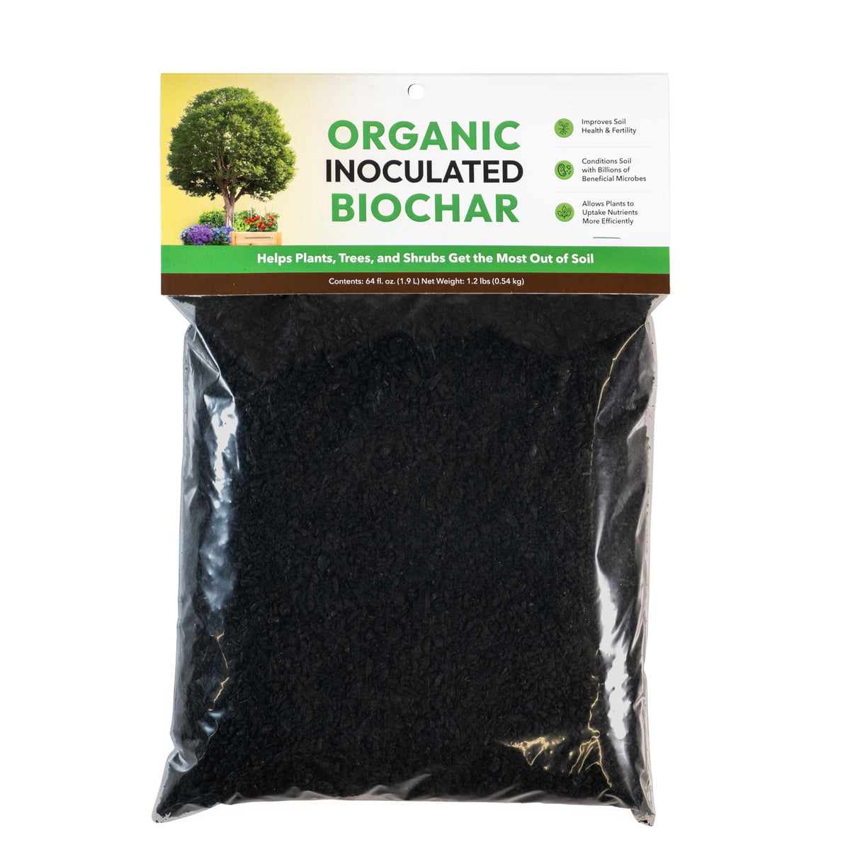 FOOP Organic Inoculated Biochar 64oz bag displayed for soil enhancement and usability
