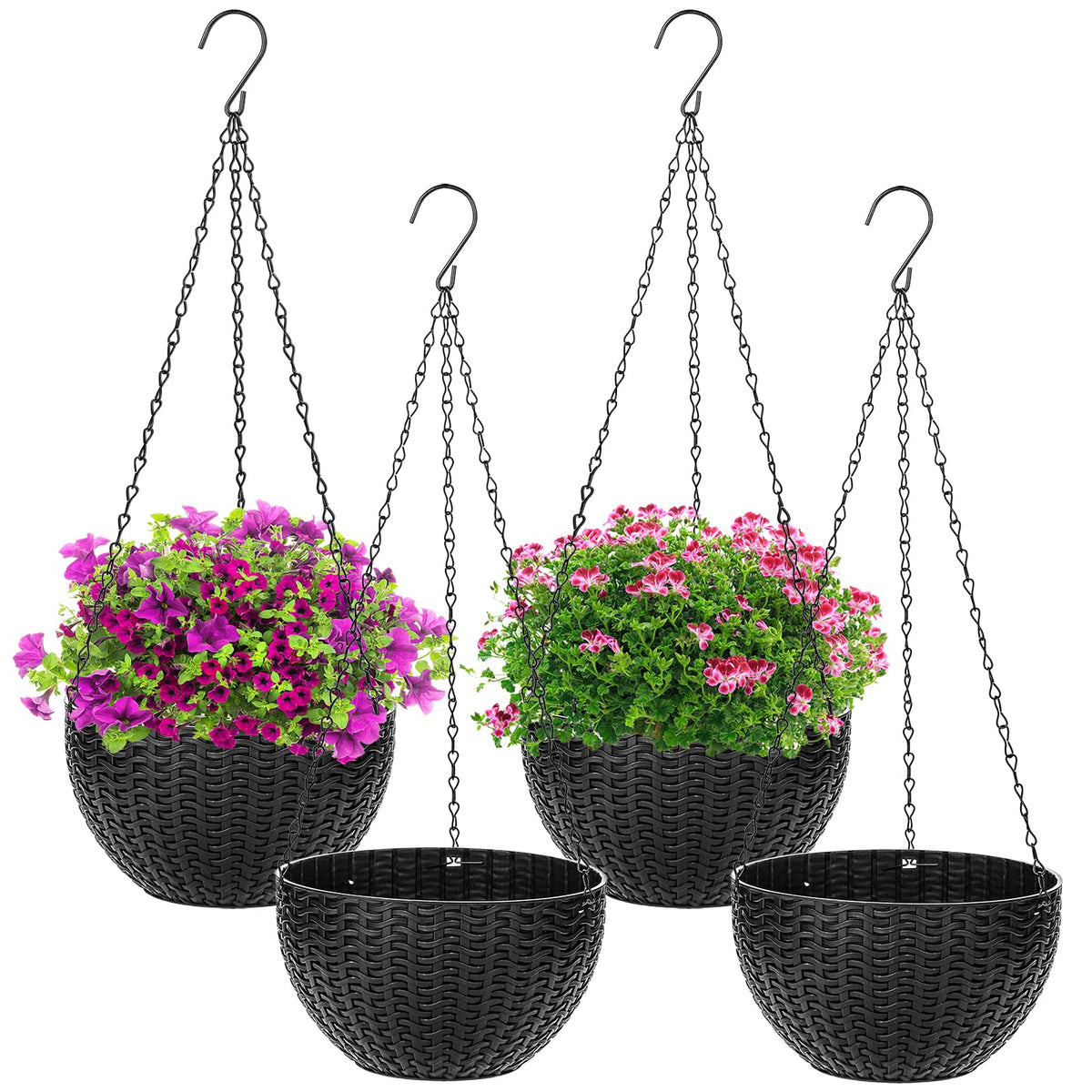 Foraineam four-pack black hanging planters for indoor and outdoor display.