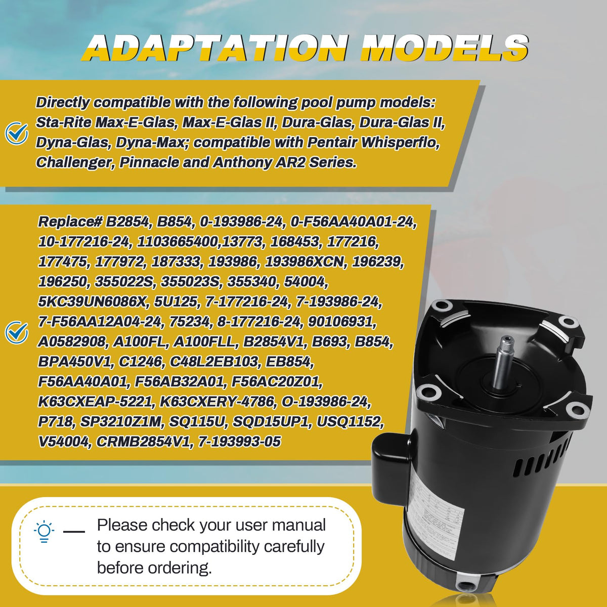 FOREBEN 1.5 HP motor side view, highlighting compatibility with Sta-Rite and Pentair.