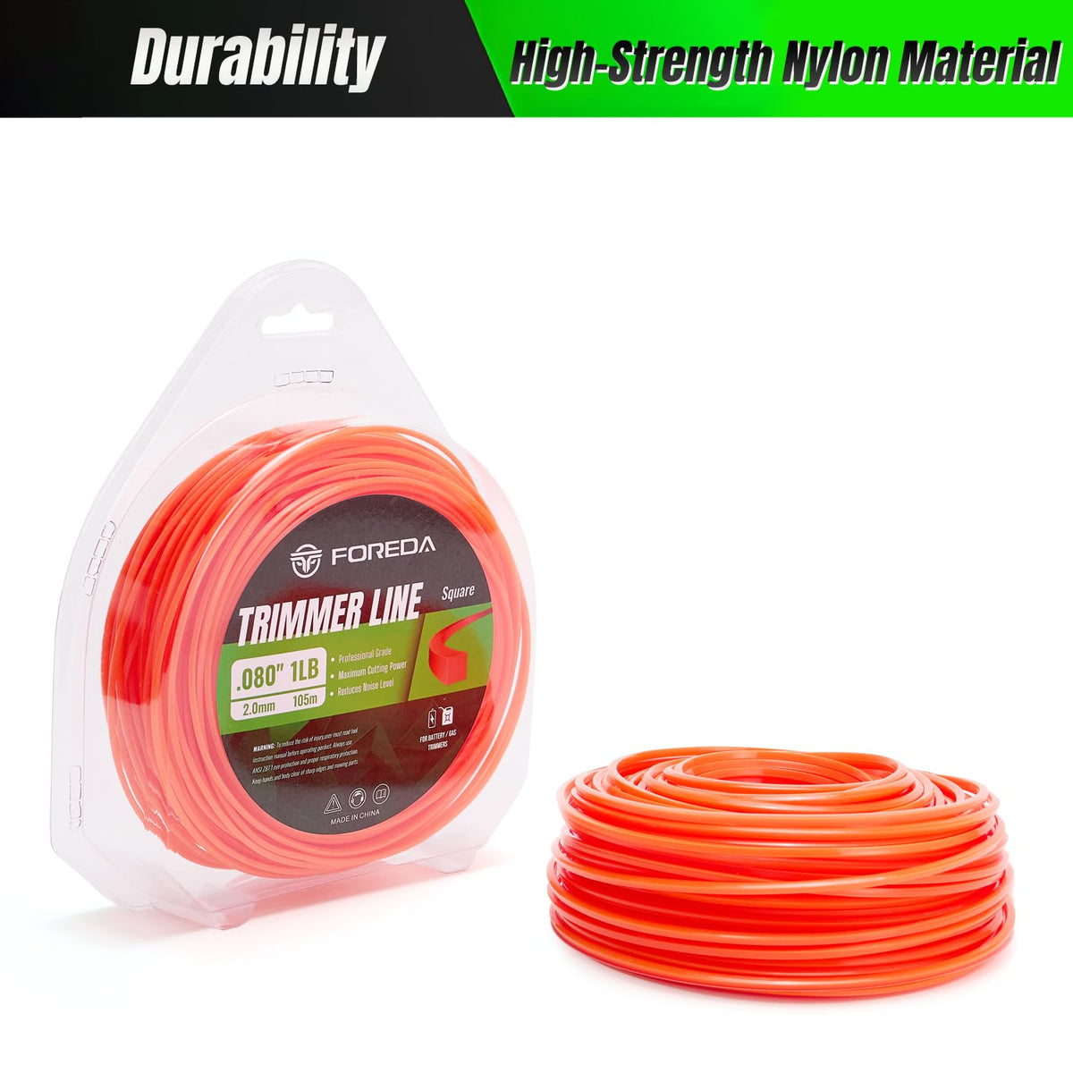 FOREDA sharp-edge trimmer string for faster cuts through thick weeds