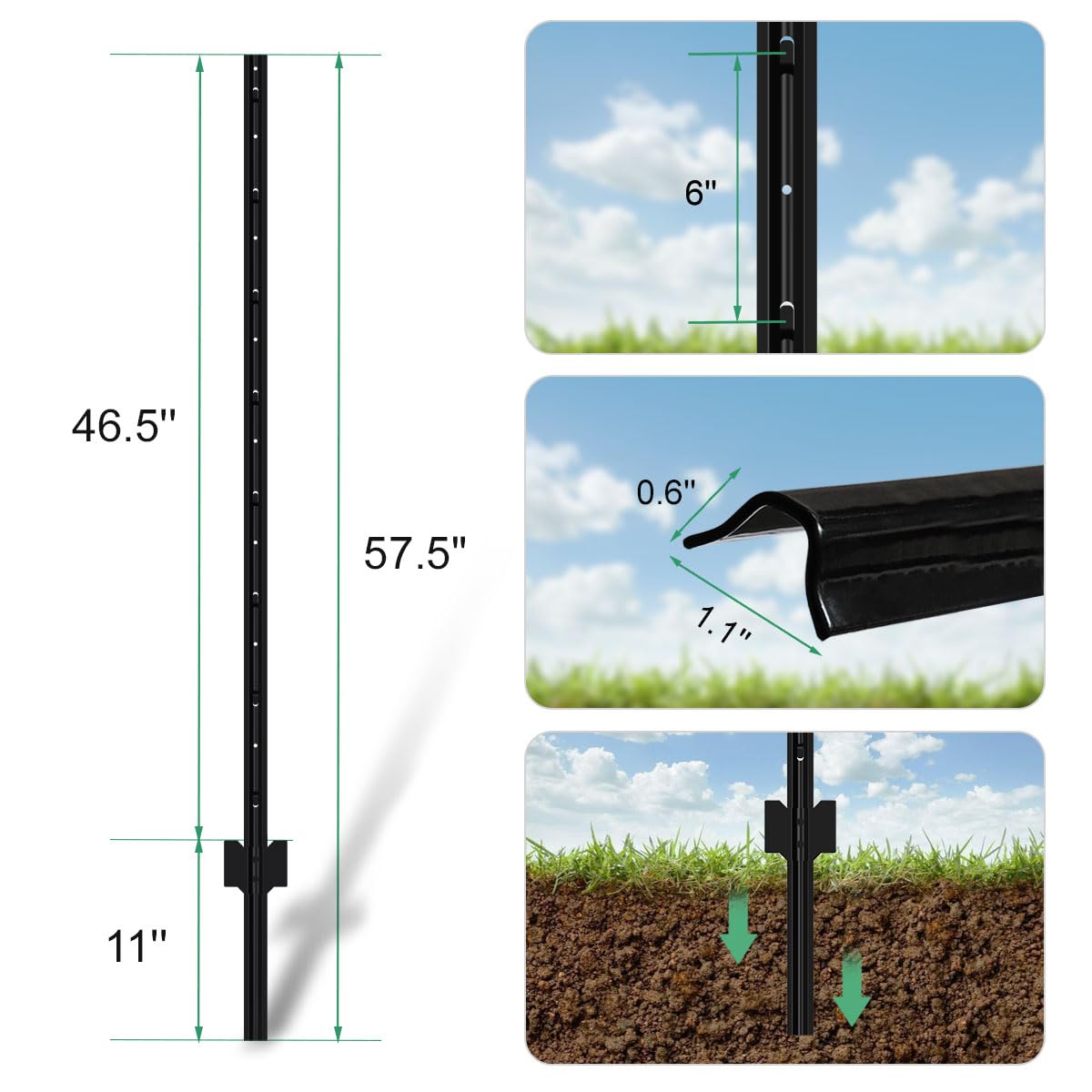 No-dig installation shown with post-driver and anchor below ground.