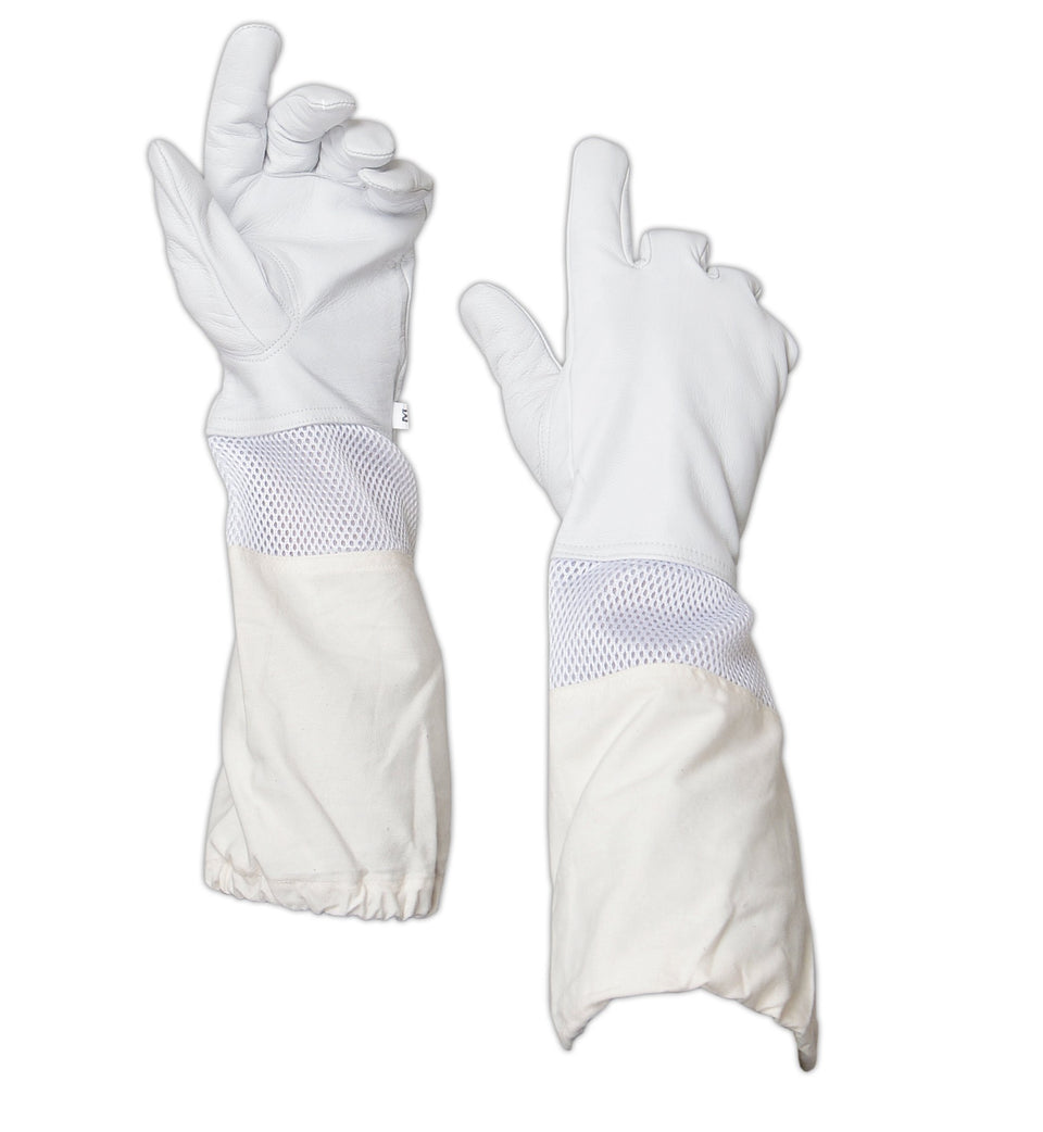FOREST BEEKEEPING SUPPLY goatskin leather gloves shown during hive inspection for protection and grip