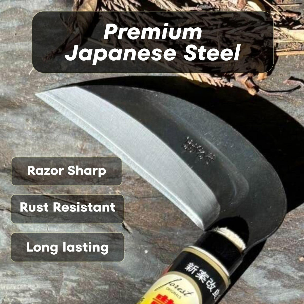 Forest Originals Hounen Miyawaki Kama curved serrated blade enhances pull-cut control.