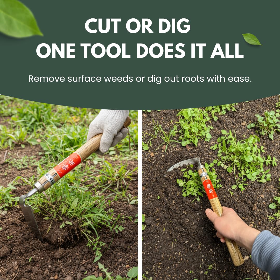 Forest Originals Nejiri Kama Weeder in action with curved blade for efficient weeding