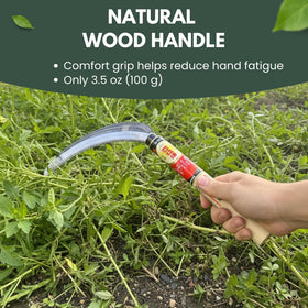 Forest Originals Hounen Miyawaki sickle cutting crabgrass along a border