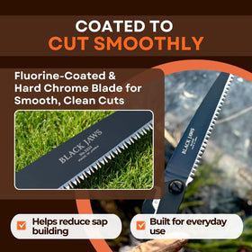 Forest Originals Saboten fluorine-coated blade reduces friction for smoother wood cutting.