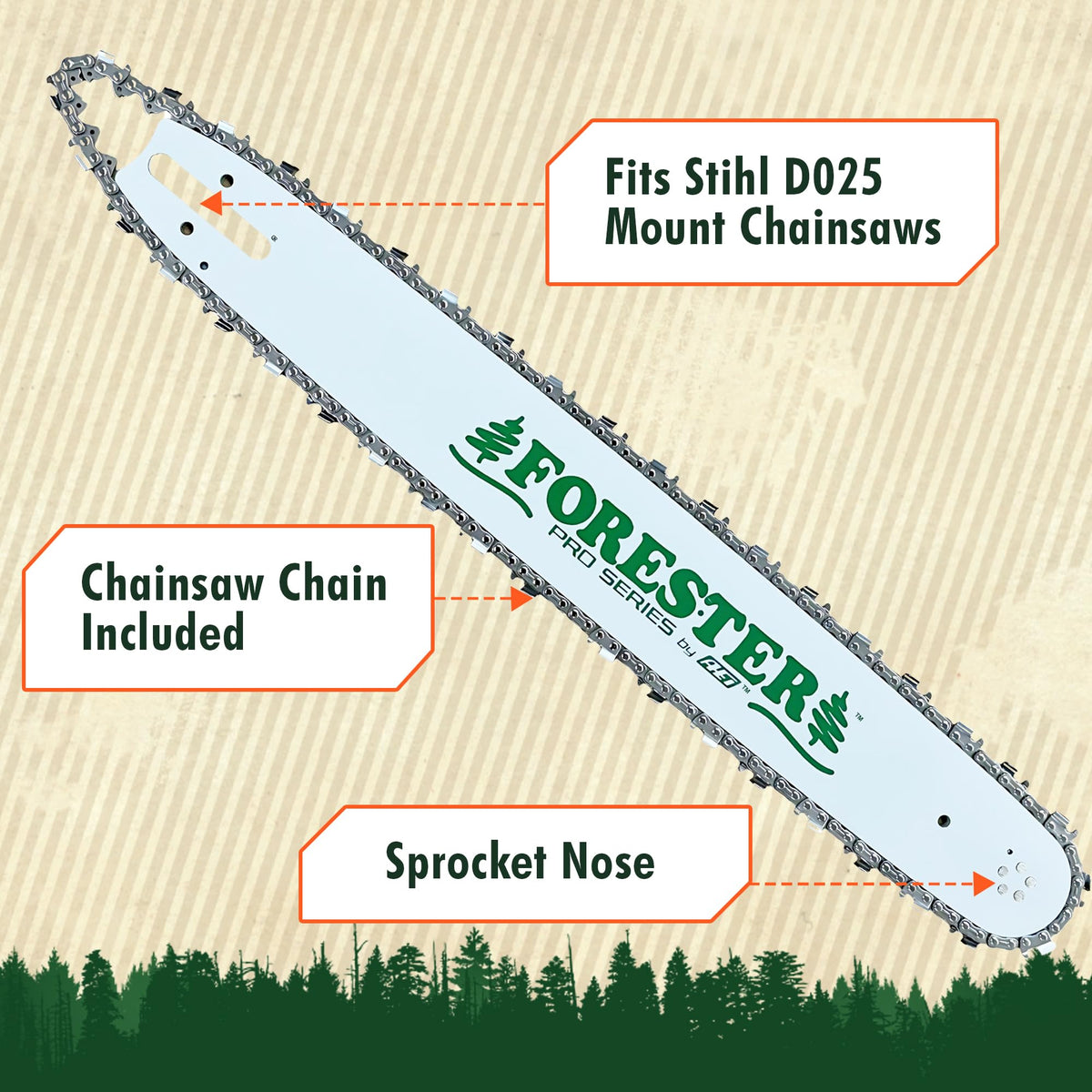 FORESTER .050-gauge chain balances rigidity and performance for durable cuts.