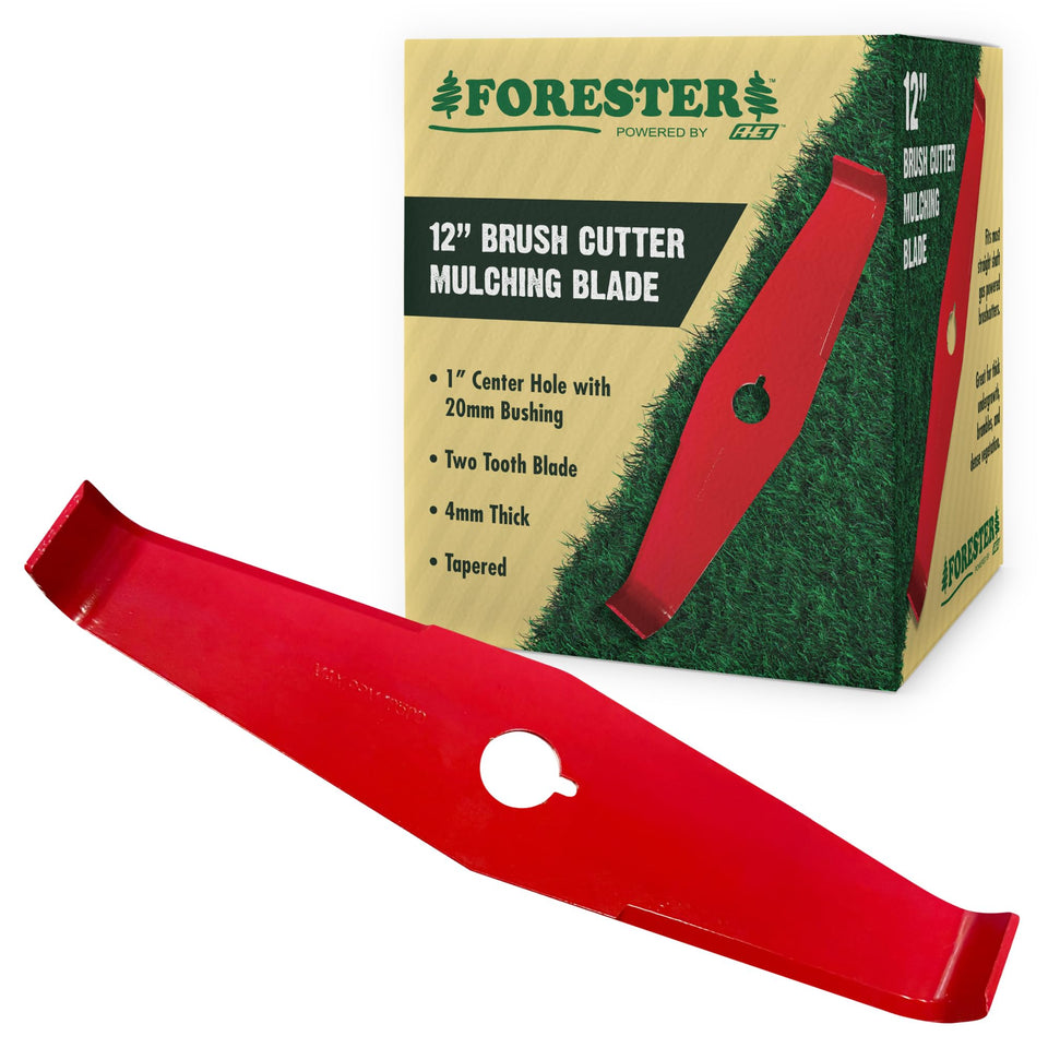 FORESTER 12in mulching blade front view improves visibility in dense vegetation.