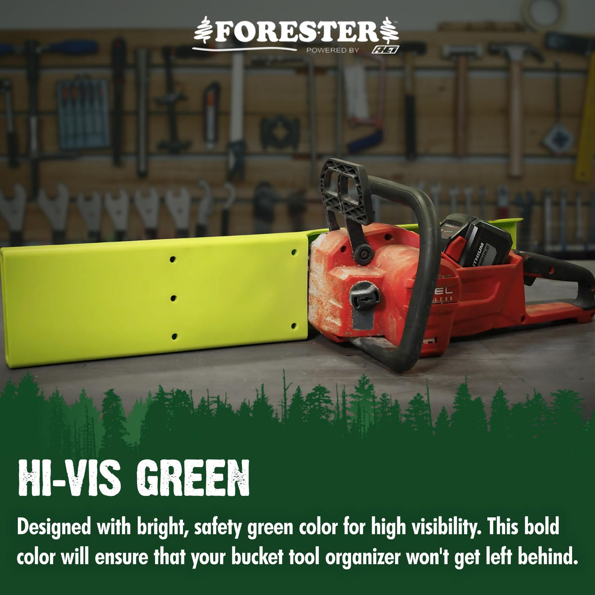 FORESTER bucket-edge mount in action keeps tools organized during job.