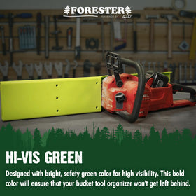 FORESTER bucket-edge mount in action keeps tools organized during job.