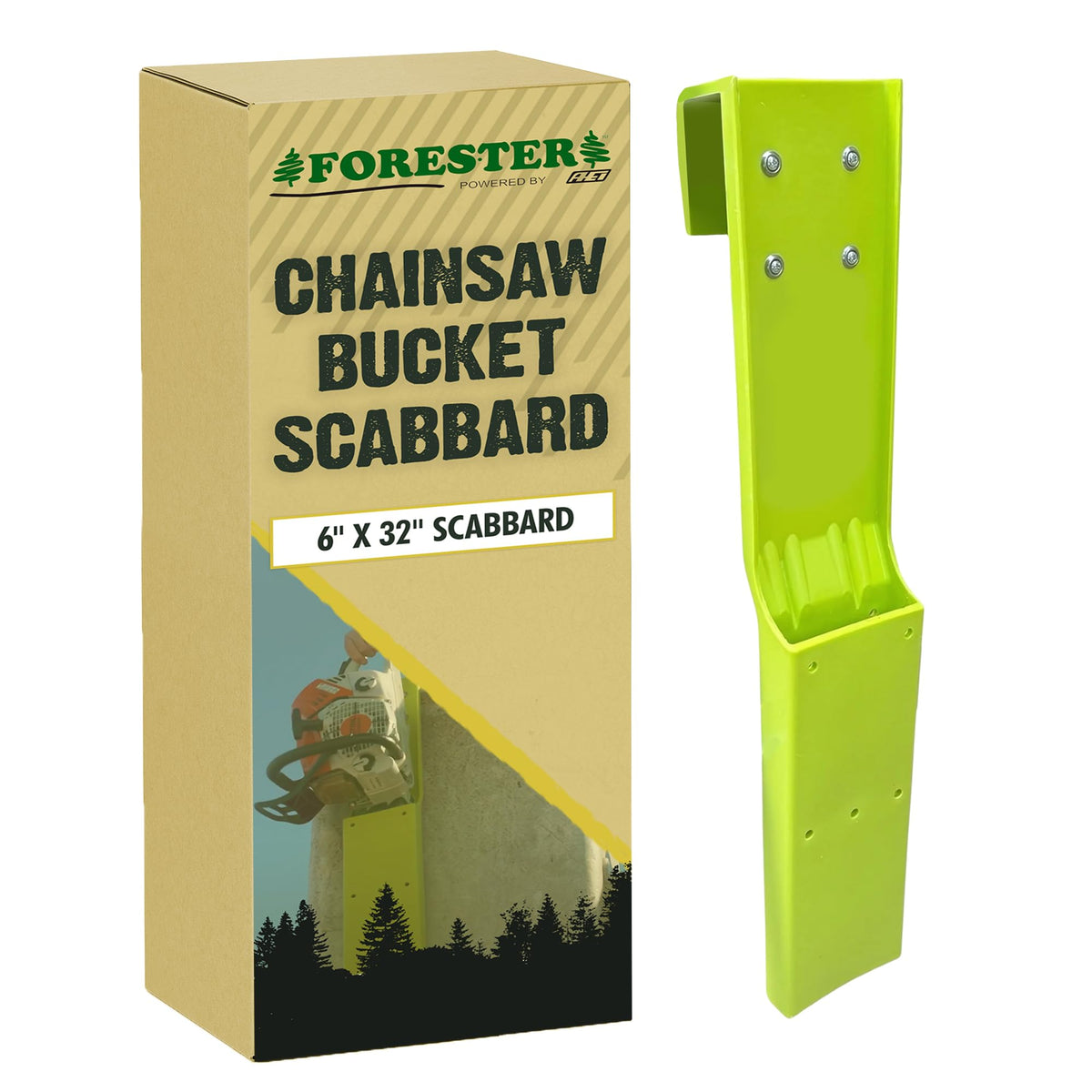 FORESTER bucket scabbard 32-inch attachment on bucket edge for easy access.