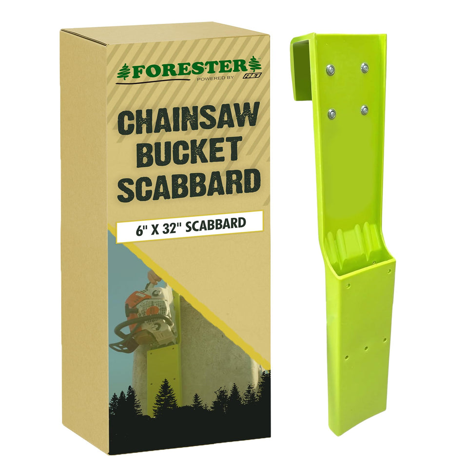 FORESTER bucket scabbard 32-inch attachment on bucket edge for easy access.
