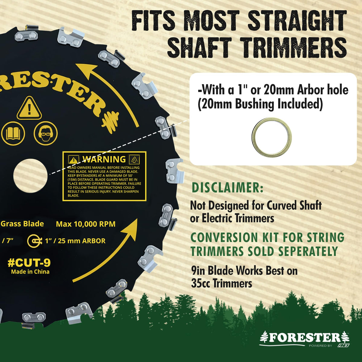 FORESTER 20mm bushing included for versatile trimmer compatibility.